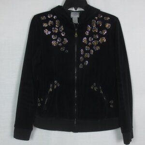 Peck & Peck 90s Hoody Black Plush Velour Bling Leaves Embellished Zip Up Size M